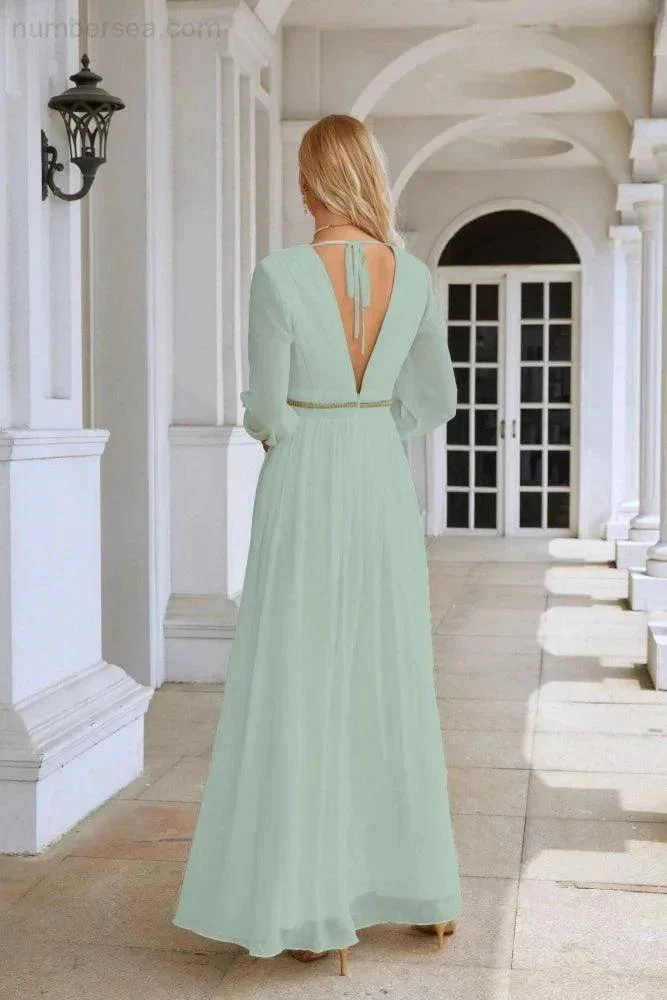 Ladies V Neck Chiffon Long Sleeve Front Slit Bridesmaid Evening Dress Wedding Party Shopping Evening Dress 28109 - Image 186