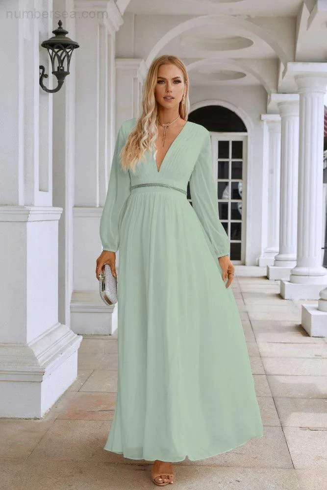 Ladies V Neck Chiffon Long Sleeve Front Slit Bridesmaid Evening Dress Wedding Party Shopping Evening Dress 28109 - Image 187