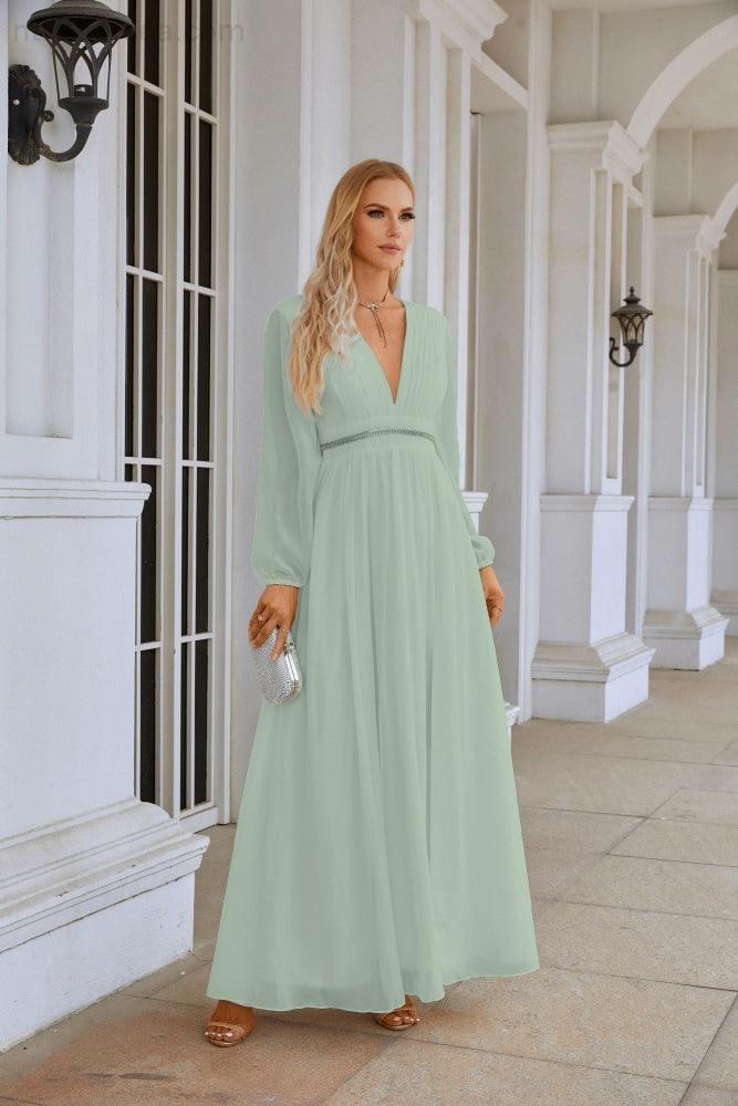 Ladies V Neck Chiffon Long Sleeve Front Slit Bridesmaid Evening Dress Wedding Party Shopping Evening Dress 28109 - Image 188