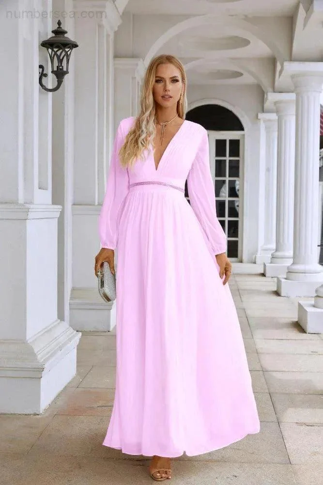 Ladies V Neck Chiffon Long Sleeve Front Slit Bridesmaid Evening Dress Wedding Party Shopping Evening Dress 28109 - Image 19
