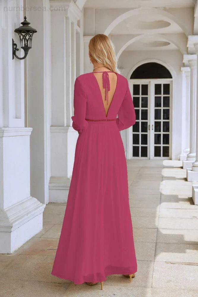 Ladies V Neck Chiffon Long Sleeve Front Slit Bridesmaid Evening Dress Wedding Party Shopping Evening Dress 28109 - Image 190