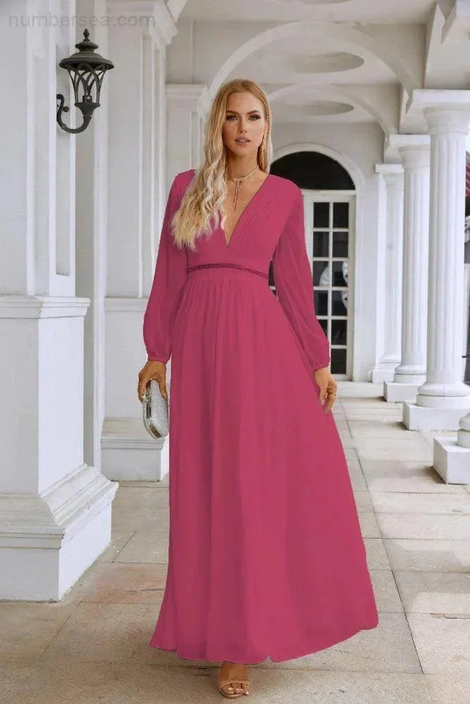 Ladies V Neck Chiffon Long Sleeve Front Slit Bridesmaid Evening Dress Wedding Party Shopping Evening Dress 28109 - Image 191