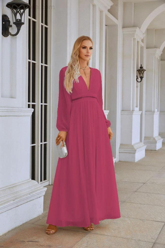 Ladies V Neck Chiffon Long Sleeve Front Slit Bridesmaid Evening Dress Wedding Party Shopping Evening Dress 28109 - Image 192