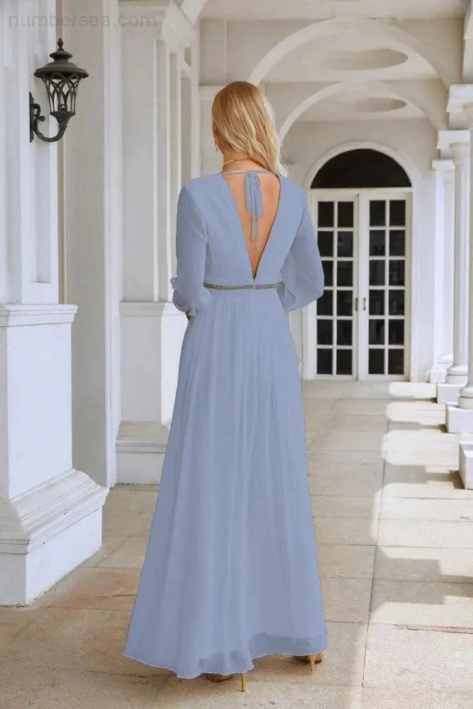Ladies V Neck Chiffon Long Sleeve Front Slit Bridesmaid Evening Dress Wedding Party Shopping Evening Dress 28109 - Image 194