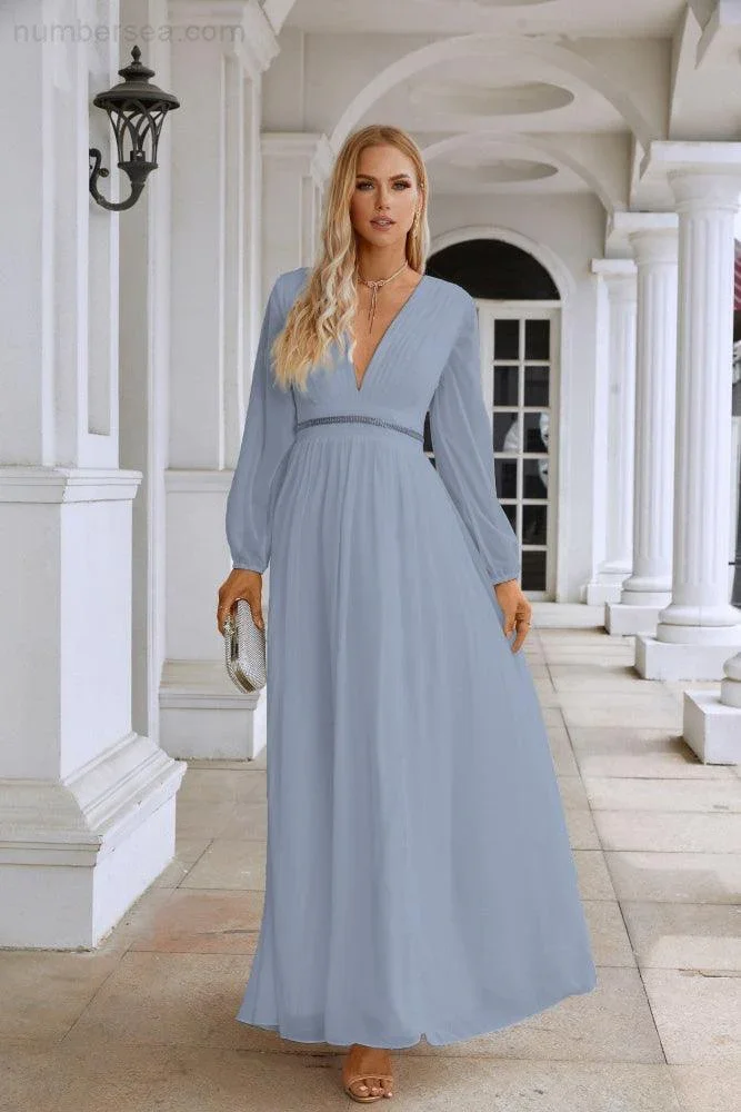 Ladies V Neck Chiffon Long Sleeve Front Slit Bridesmaid Evening Dress Wedding Party Shopping Evening Dress 28109 - Image 195