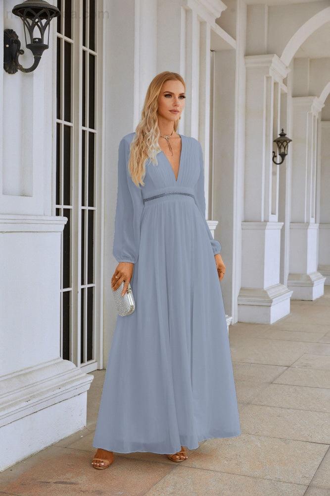 Ladies V Neck Chiffon Long Sleeve Front Slit Bridesmaid Evening Dress Wedding Party Shopping Evening Dress 28109 - Image 196