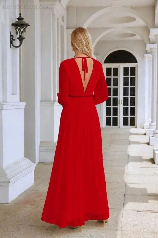 Ladies V Neck Chiffon Long Sleeve Front Slit Bridesmaid Evening Dress Wedding Party Shopping Evening Dress 28109 - Image 2