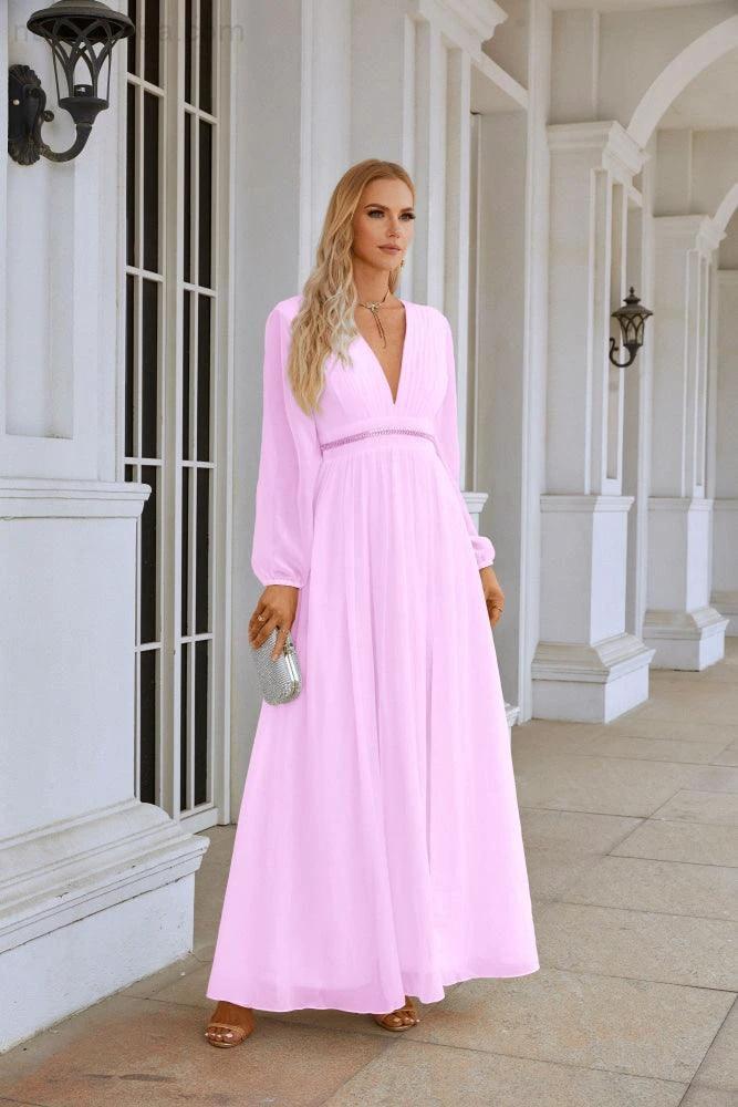 Ladies V Neck Chiffon Long Sleeve Front Slit Bridesmaid Evening Dress Wedding Party Shopping Evening Dress 28109 - Image 20