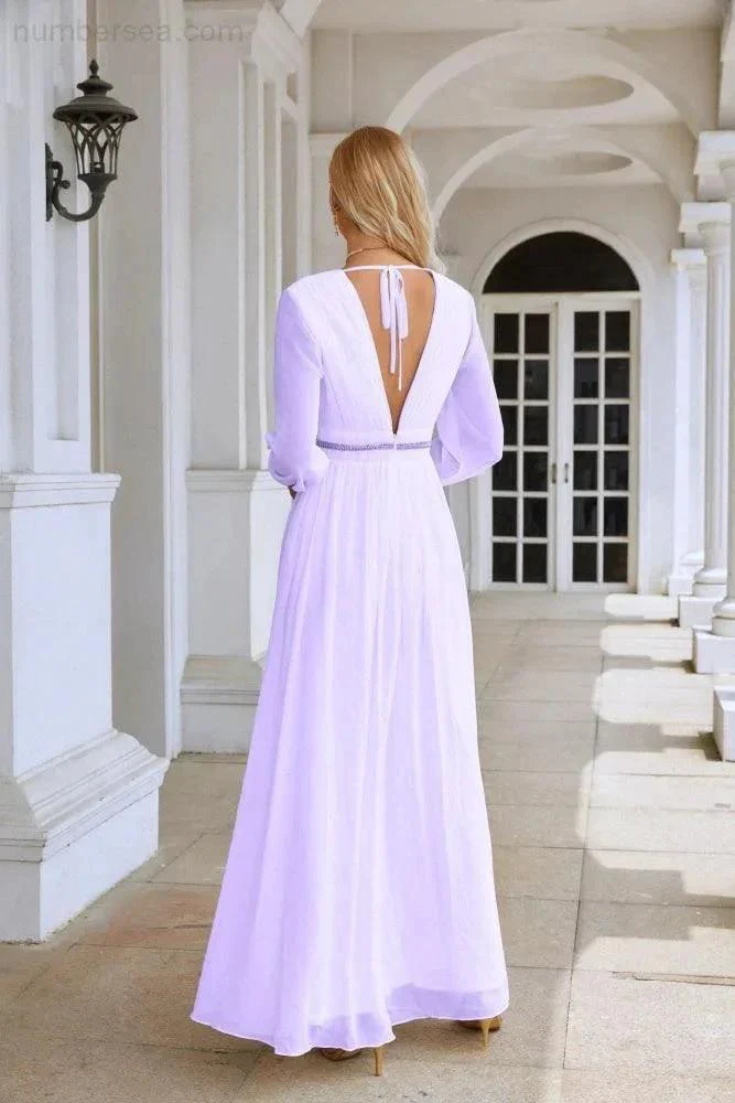 Ladies V Neck Chiffon Long Sleeve Front Slit Bridesmaid Evening Dress Wedding Party Shopping Evening Dress 28109 - Image 22
