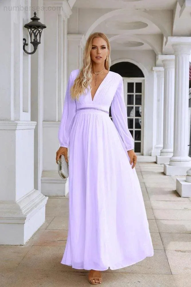 Ladies V Neck Chiffon Long Sleeve Front Slit Bridesmaid Evening Dress Wedding Party Shopping Evening Dress 28109 - Image 23