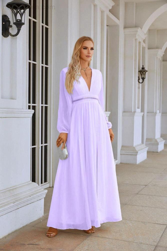 Ladies V Neck Chiffon Long Sleeve Front Slit Bridesmaid Evening Dress Wedding Party Shopping Evening Dress 28109 - Image 24
