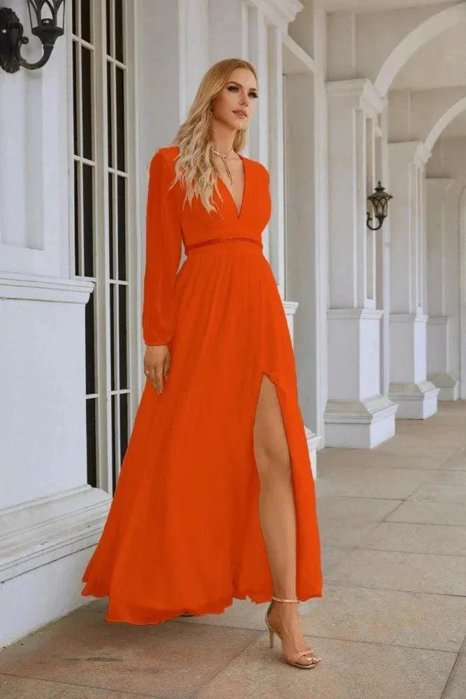 Ladies V Neck Chiffon Long Sleeve Front Slit Bridesmaid Evening Dress Wedding Party Shopping Evening Dress 28109 - Image 25