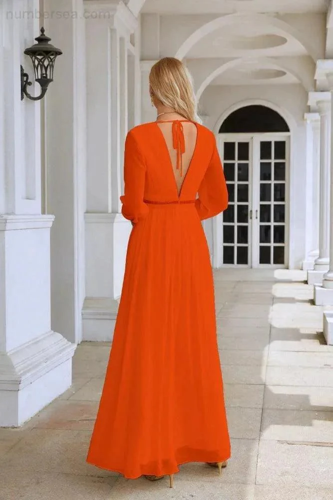 Ladies V Neck Chiffon Long Sleeve Front Slit Bridesmaid Evening Dress Wedding Party Shopping Evening Dress 28109 - Image 26