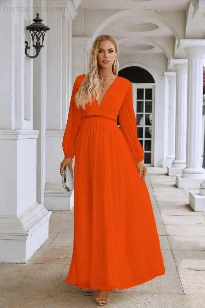 Ladies V Neck Chiffon Long Sleeve Front Slit Bridesmaid Evening Dress Wedding Party Shopping Evening Dress 28109 - Image 27