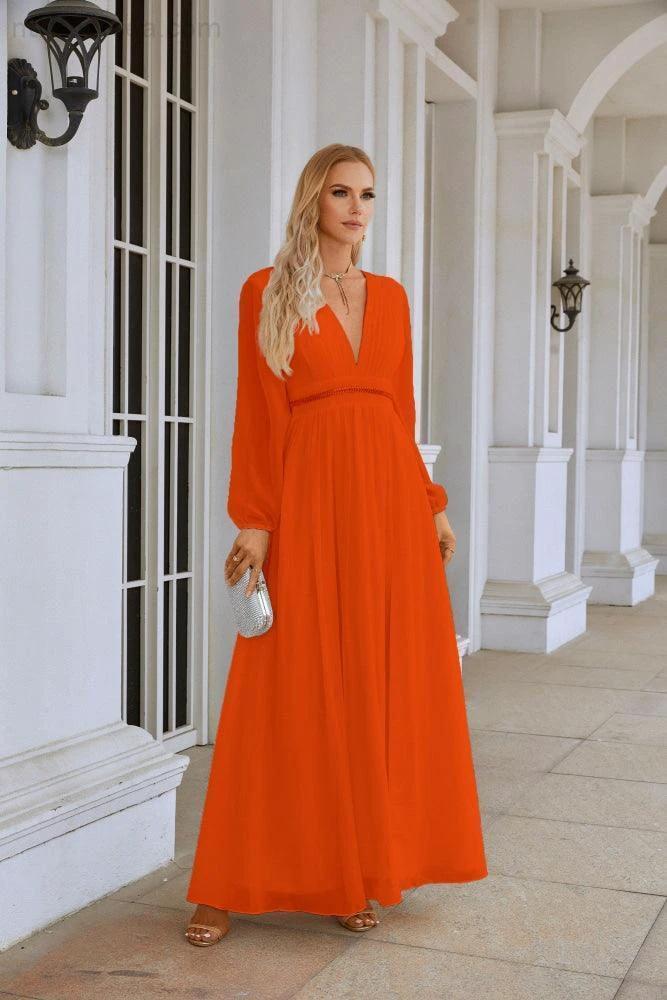 Ladies V Neck Chiffon Long Sleeve Front Slit Bridesmaid Evening Dress Wedding Party Shopping Evening Dress 28109 - Image 28