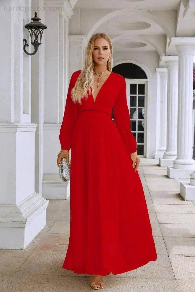 Ladies V Neck Chiffon Long Sleeve Front Slit Bridesmaid Evening Dress Wedding Party Shopping Evening Dress 28109 - Image 3