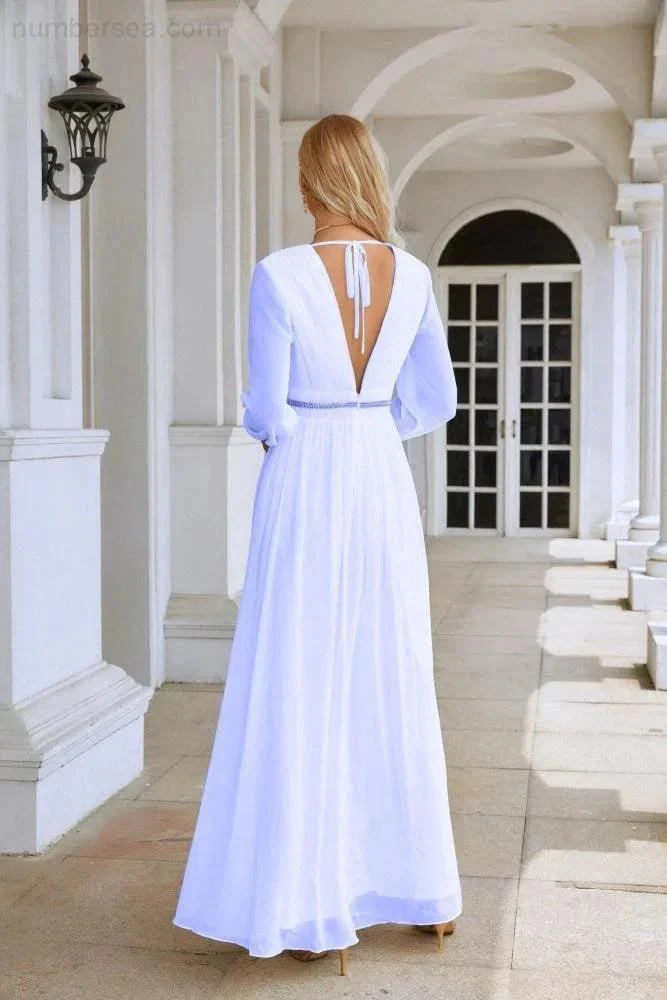 Ladies V Neck Chiffon Long Sleeve Front Slit Bridesmaid Evening Dress Wedding Party Shopping Evening Dress 28109 - Image 30