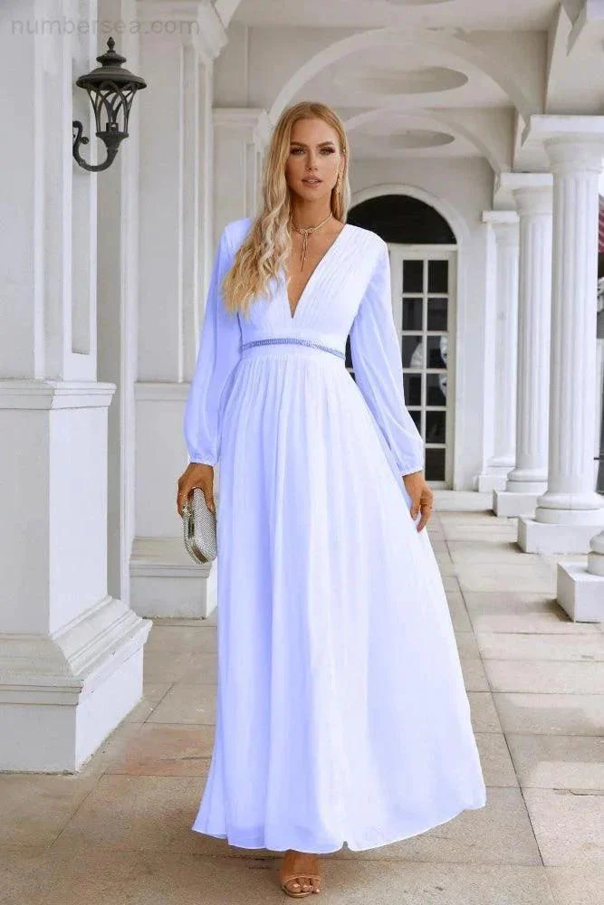 Ladies V Neck Chiffon Long Sleeve Front Slit Bridesmaid Evening Dress Wedding Party Shopping Evening Dress 28109 - Image 31