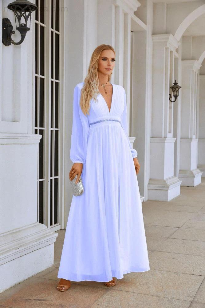 Ladies V Neck Chiffon Long Sleeve Front Slit Bridesmaid Evening Dress Wedding Party Shopping Evening Dress 28109 - Image 32