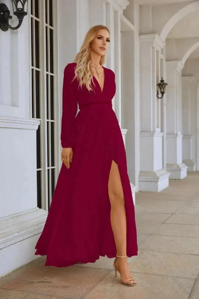 Ladies V Neck Chiffon Long Sleeve Front Slit Bridesmaid Evening Dress Wedding Party Shopping Evening Dress 28109 - Image 33