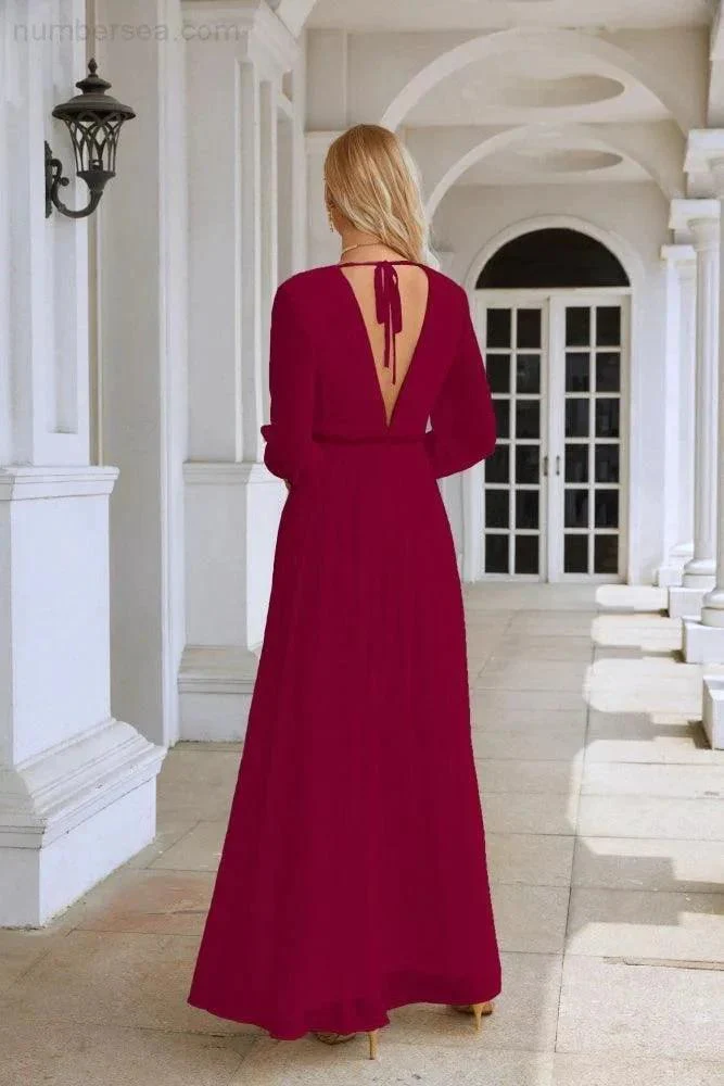 Ladies V Neck Chiffon Long Sleeve Front Slit Bridesmaid Evening Dress Wedding Party Shopping Evening Dress 28109 - Image 34