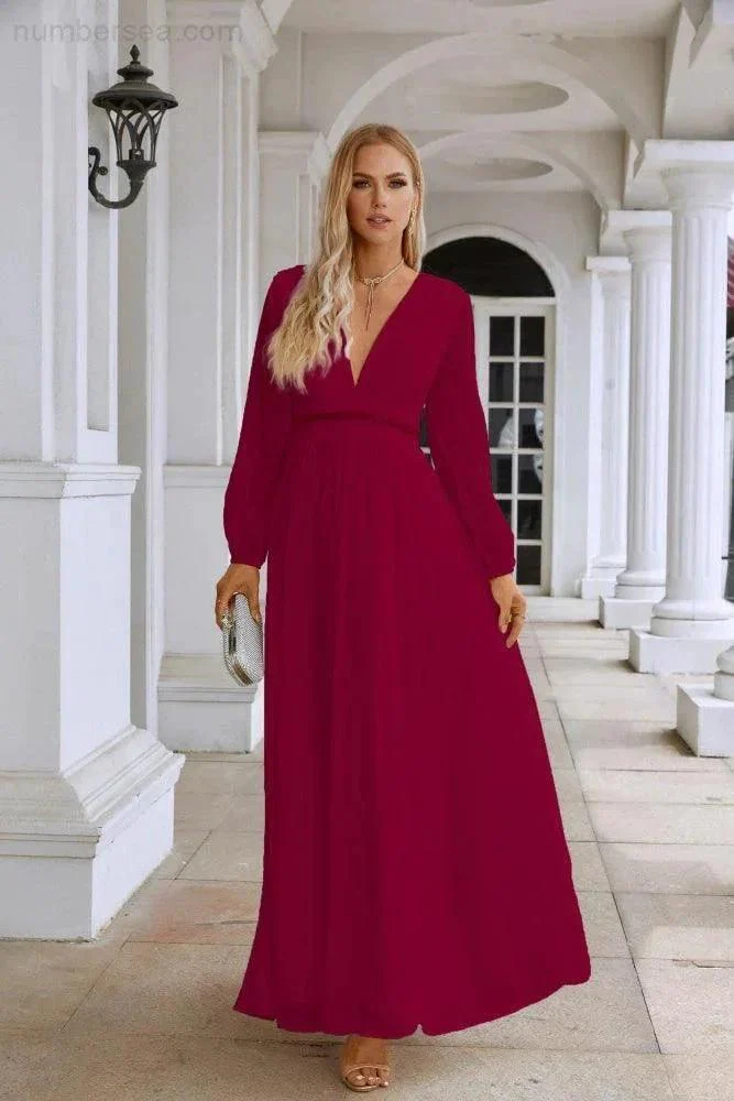 Ladies V Neck Chiffon Long Sleeve Front Slit Bridesmaid Evening Dress Wedding Party Shopping Evening Dress 28109 - Image 35