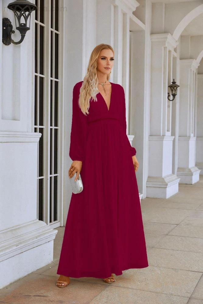 Ladies V Neck Chiffon Long Sleeve Front Slit Bridesmaid Evening Dress Wedding Party Shopping Evening Dress 28109 - Image 36