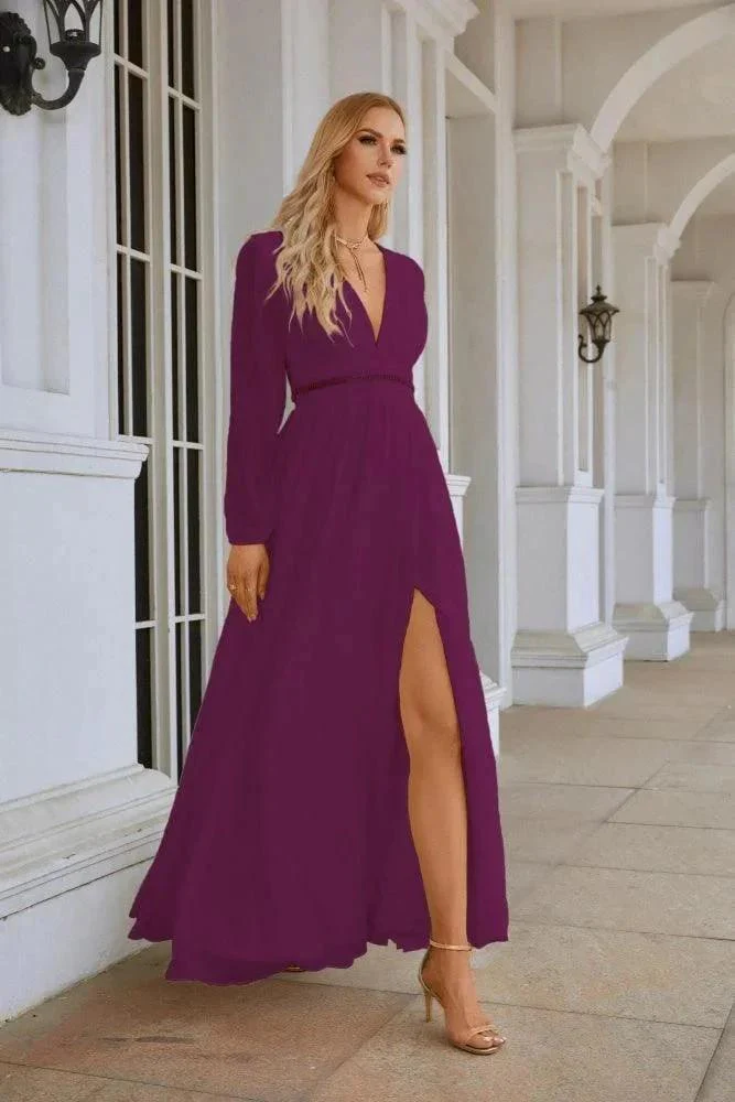 Ladies V Neck Chiffon Long Sleeve Front Slit Bridesmaid Evening Dress Wedding Party Shopping Evening Dress 28109 - Image 37