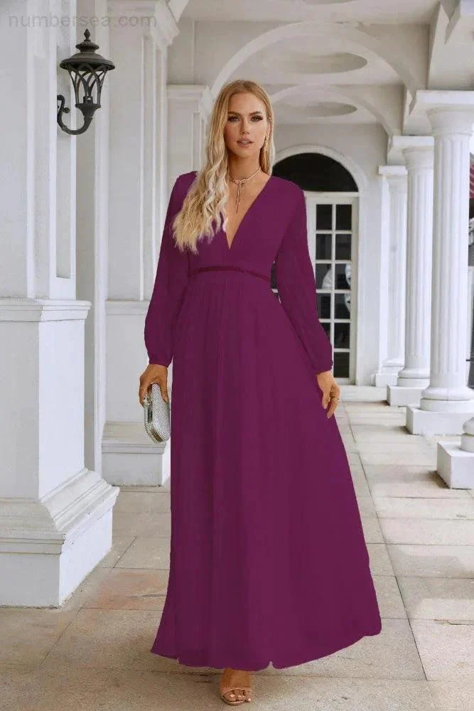 Ladies V Neck Chiffon Long Sleeve Front Slit Bridesmaid Evening Dress Wedding Party Shopping Evening Dress 28109 - Image 39
