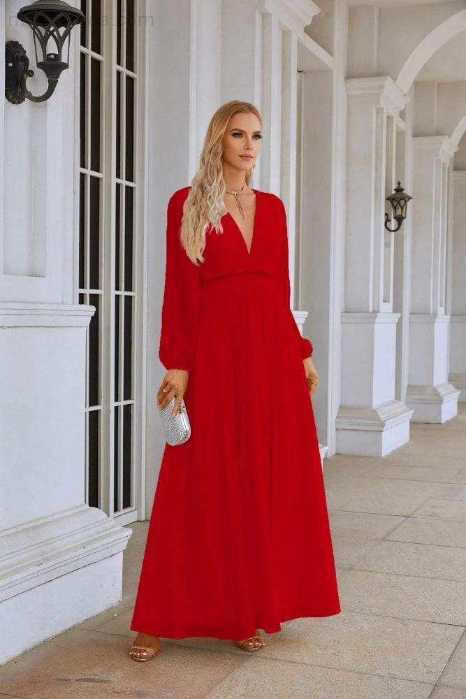 Ladies V Neck Chiffon Long Sleeve Front Slit Bridesmaid Evening Dress Wedding Party Shopping Evening Dress 28109 - Image 4