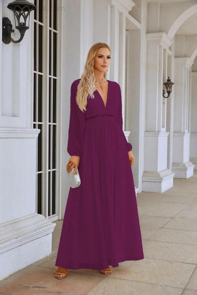 Ladies V Neck Chiffon Long Sleeve Front Slit Bridesmaid Evening Dress Wedding Party Shopping Evening Dress 28109 - Image 40