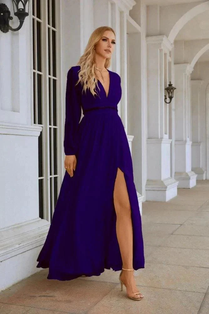 Ladies V Neck Chiffon Long Sleeve Front Slit Bridesmaid Evening Dress Wedding Party Shopping Evening Dress 28109 - Image 41