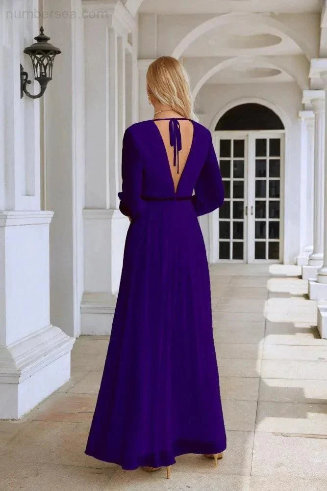 Ladies V Neck Chiffon Long Sleeve Front Slit Bridesmaid Evening Dress Wedding Party Shopping Evening Dress 28109 - Image 42