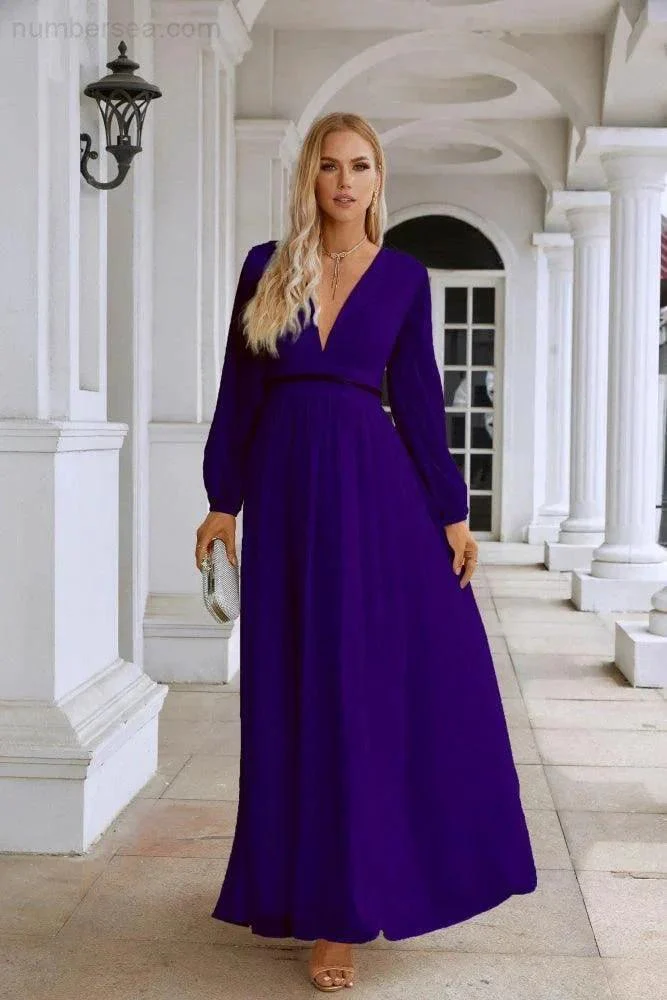 Ladies V Neck Chiffon Long Sleeve Front Slit Bridesmaid Evening Dress Wedding Party Shopping Evening Dress 28109 - Image 43