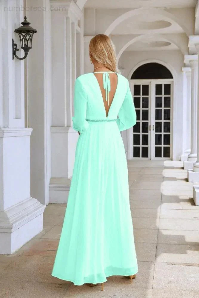 Ladies V Neck Chiffon Long Sleeve Front Slit Bridesmaid Evening Dress Wedding Party Shopping Evening Dress 28109 - Image 46