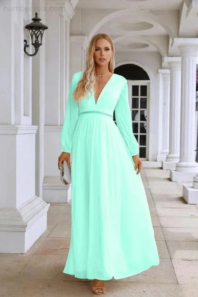 Ladies V Neck Chiffon Long Sleeve Front Slit Bridesmaid Evening Dress Wedding Party Shopping Evening Dress 28109 - Image 47