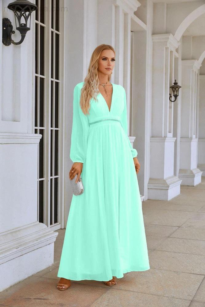 Ladies V Neck Chiffon Long Sleeve Front Slit Bridesmaid Evening Dress Wedding Party Shopping Evening Dress 28109 - Image 48