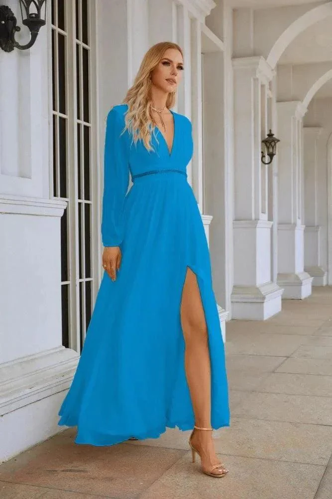 Ladies V Neck Chiffon Long Sleeve Front Slit Bridesmaid Evening Dress Wedding Party Shopping Evening Dress 28109 - Image 5