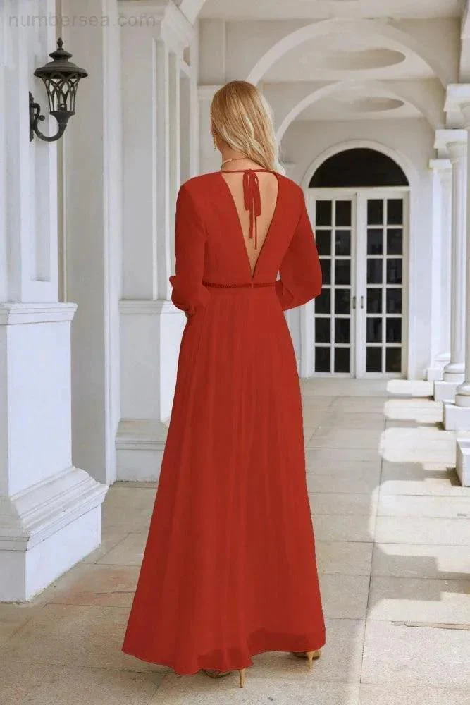 Ladies V Neck Chiffon Long Sleeve Front Slit Bridesmaid Evening Dress Wedding Party Shopping Evening Dress 28109 - Image 50