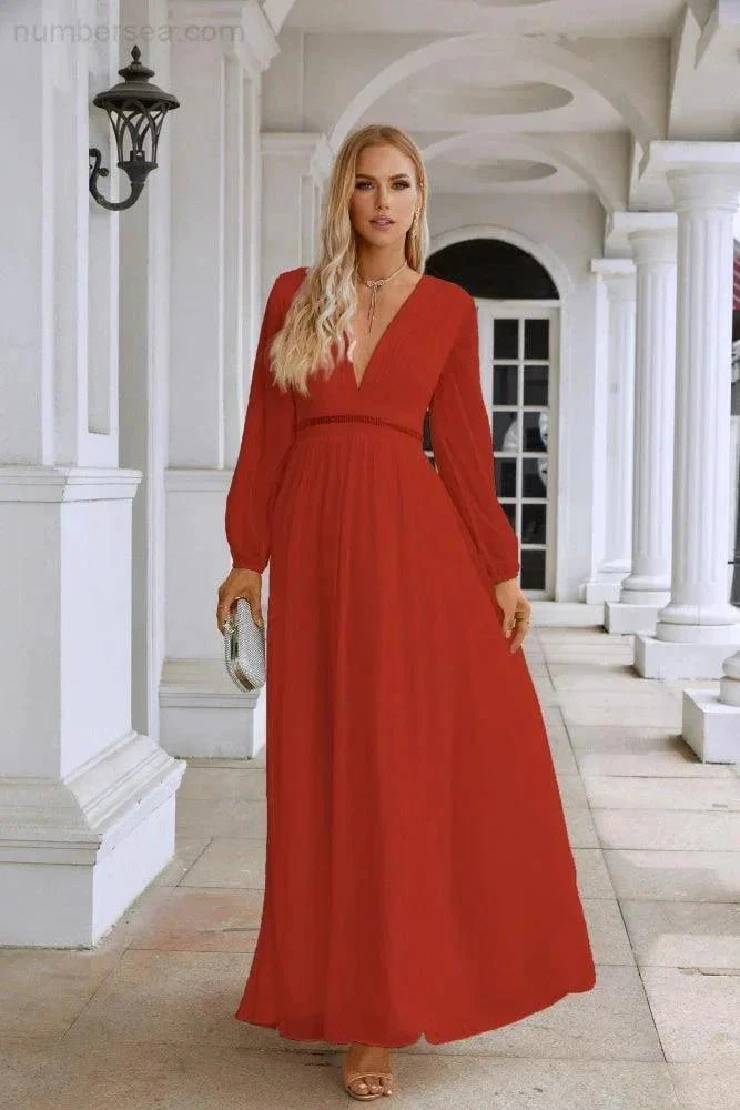 Ladies V Neck Chiffon Long Sleeve Front Slit Bridesmaid Evening Dress Wedding Party Shopping Evening Dress 28109 - Image 51
