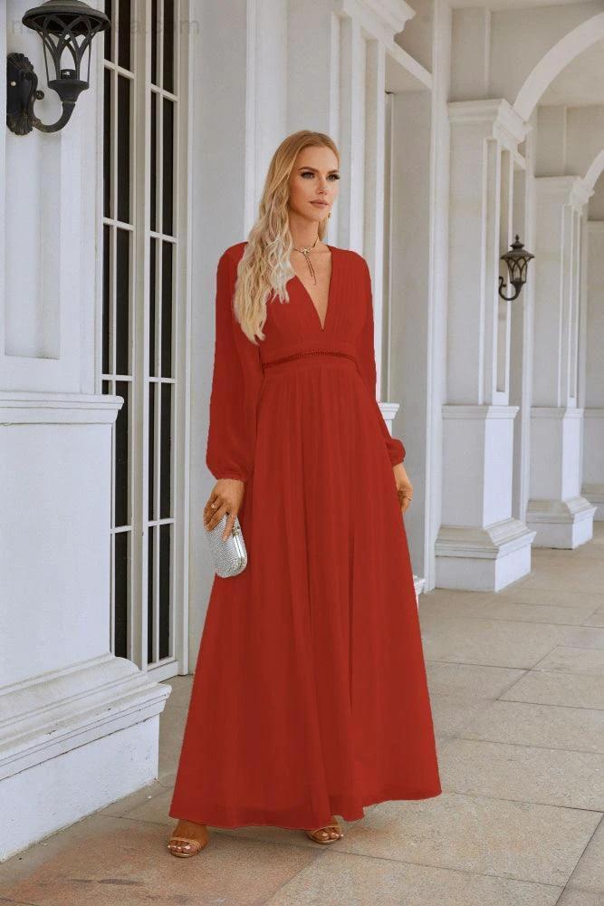 Ladies V Neck Chiffon Long Sleeve Front Slit Bridesmaid Evening Dress Wedding Party Shopping Evening Dress 28109 - Image 52