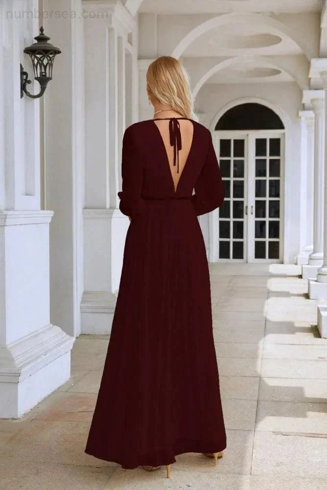 Ladies V Neck Chiffon Long Sleeve Front Slit Bridesmaid Evening Dress Wedding Party Shopping Evening Dress 28109 - Image 54