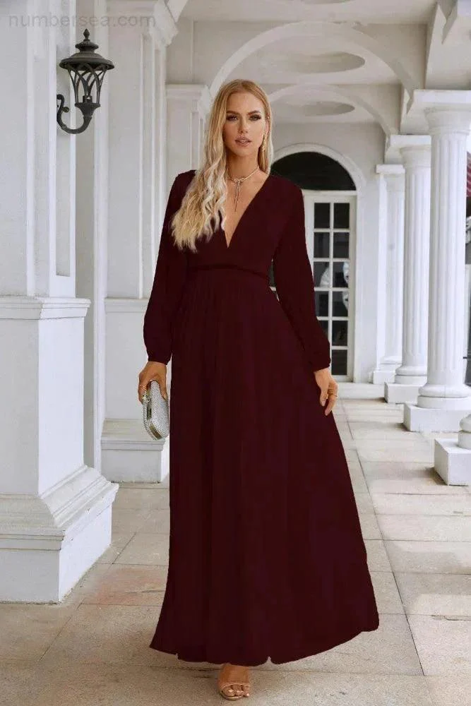 Ladies V Neck Chiffon Long Sleeve Front Slit Bridesmaid Evening Dress Wedding Party Shopping Evening Dress 28109 - Image 55