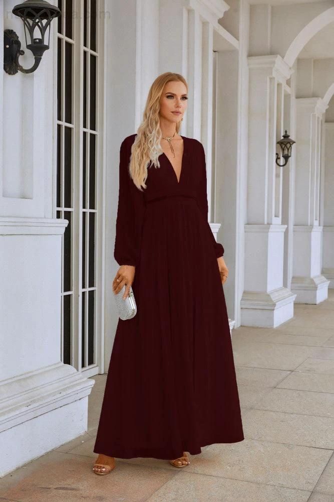 Ladies V Neck Chiffon Long Sleeve Front Slit Bridesmaid Evening Dress Wedding Party Shopping Evening Dress 28109 - Image 56
