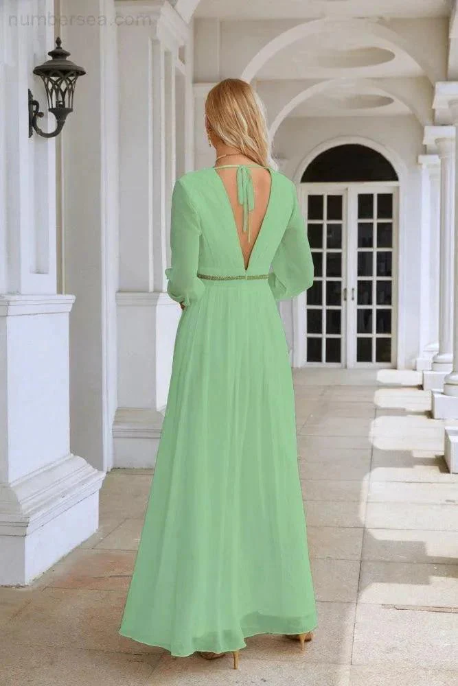 Ladies V Neck Chiffon Long Sleeve Front Slit Bridesmaid Evening Dress Wedding Party Shopping Evening Dress 28109 - Image 58