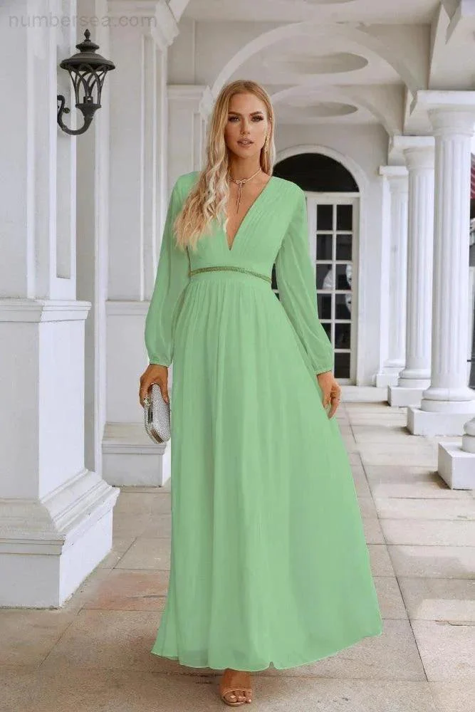 Ladies V Neck Chiffon Long Sleeve Front Slit Bridesmaid Evening Dress Wedding Party Shopping Evening Dress 28109 - Image 59