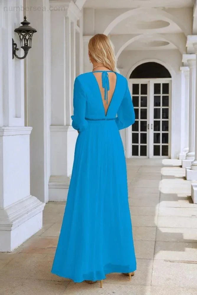 Ladies V Neck Chiffon Long Sleeve Front Slit Bridesmaid Evening Dress Wedding Party Shopping Evening Dress 28109 - Image 6