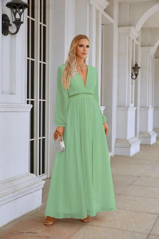 Ladies V Neck Chiffon Long Sleeve Front Slit Bridesmaid Evening Dress Wedding Party Shopping Evening Dress 28109 - Image 60