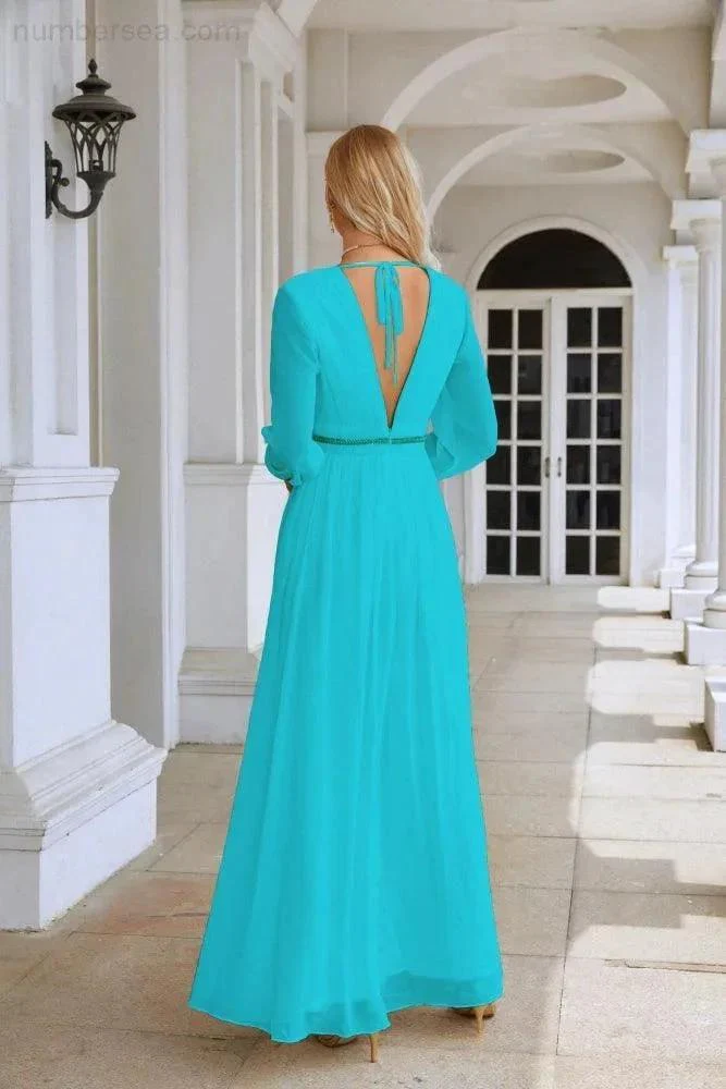 Ladies V Neck Chiffon Long Sleeve Front Slit Bridesmaid Evening Dress Wedding Party Shopping Evening Dress 28109 - Image 62
