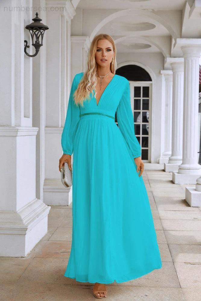 Ladies V Neck Chiffon Long Sleeve Front Slit Bridesmaid Evening Dress Wedding Party Shopping Evening Dress 28109 - Image 63